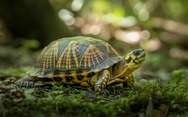 Naklejka premium Eastern Box Turtle on Mossy Forest Floor, Detailed Shell Pattern and Textured Skin