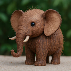 Fototapeta premium Cute Coconut Elephant Figurine on Sand with Green Background