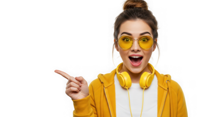 Surprised woman in yellow pointing to the left with open mouth wide eyed