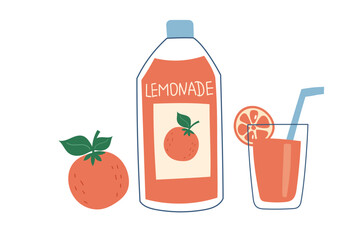 Lemonade bottle with orange and filled glass. Vector flat style clipart. Concept of drinks, summer, thirst.