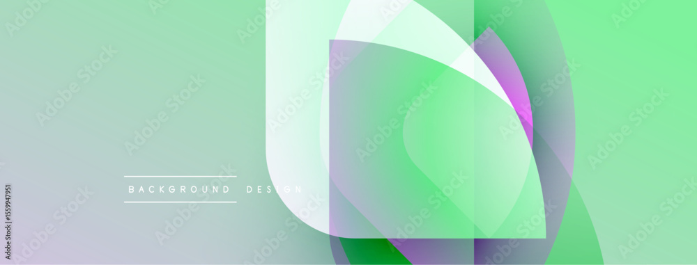 Poster abstract geometric shapes overlap, creating soft gradients. light green, purple hues dominate design