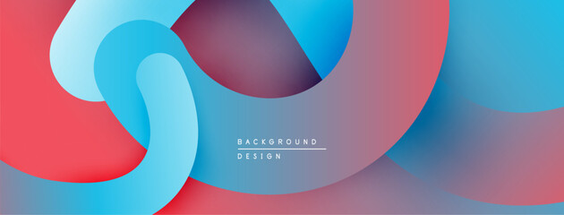 Abstract fluid shapes overlap, creating vibrant red, blue gradients. Modern design suggests movement, depth, visual harmony.