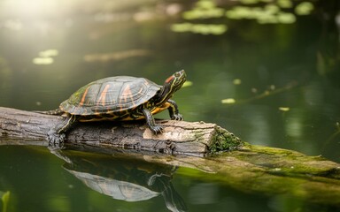 Red-Eared Slider Turtle Perched on Mossy Log Reflecting in Pond Water