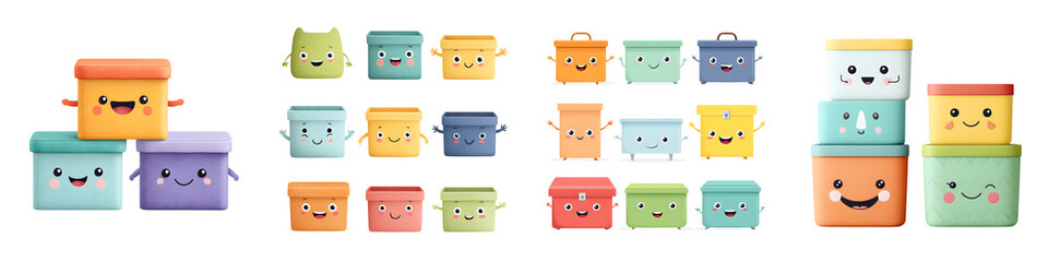 Set of Cute Cartoon Boxes with Smiling Faces on White