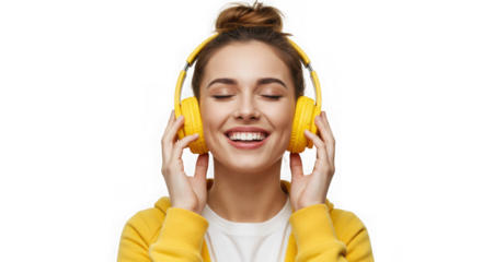 Smiling woman with yellow headphones and eyes closed on black background