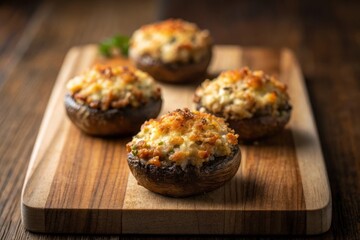 Fototapeta premium Delicious Air Fryer Stuffed Mushrooms with Cheese and Breadcrumbs on Wooden Board Close-Up