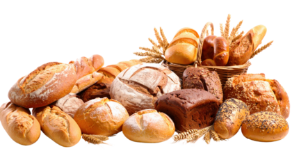 Fresh assorted bread loafs and rolls with wheat ears, warm and appetizing bakery selection