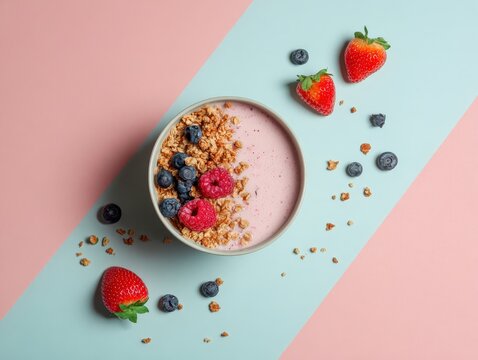 smoothie bowl placed off-center on pastel background with wide clean copy space, granola and berries on top, flat lay, ideal for social media design - Powered by Adobe