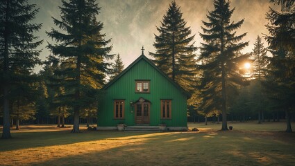Charming green wooden house surrounded by tall pine trees during a warm sunset
