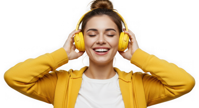 Woman smiling with yellow headphones and wearing a yellow jacket on black