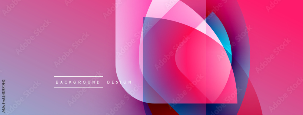 Poster Abstract colorful design. Overlapping shapes create vibrant gradients. Modern background with pink, blue hues. Minimal text present.