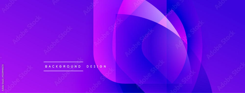 Poster Abstract purple design. Overlapping shapes create dynamic visual effect. Gradient colors, modern aesthetic. Simple text labels bottom center.
