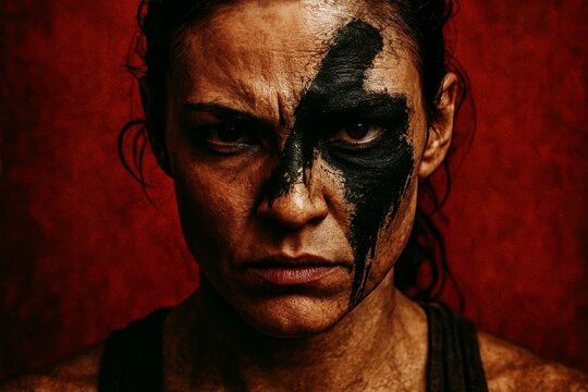 Close-up of fierce woman with war paint, intense gaze, red background, strong expression of determination and power - Powered by Adobe