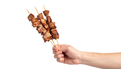 Grilled meat skewer held by hand with juicy cooked pieces on wooden sticks