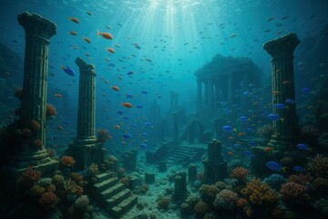 Ancient atlantis underwater ruins with sunlit coral and fish in tranquil ocean scene