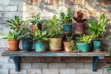 Lush green indoor plants on rustic shelf against brick wall for home decor