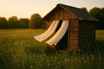 Rustic meadow serenity at sunset with wooden cabin and flowing curtains