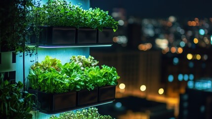 Sustainable urban gardening with led lights in a high tech cityscape