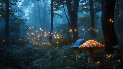 Enchanted summer forest with neon blue foliage and glowing lights for mystical atmosphere