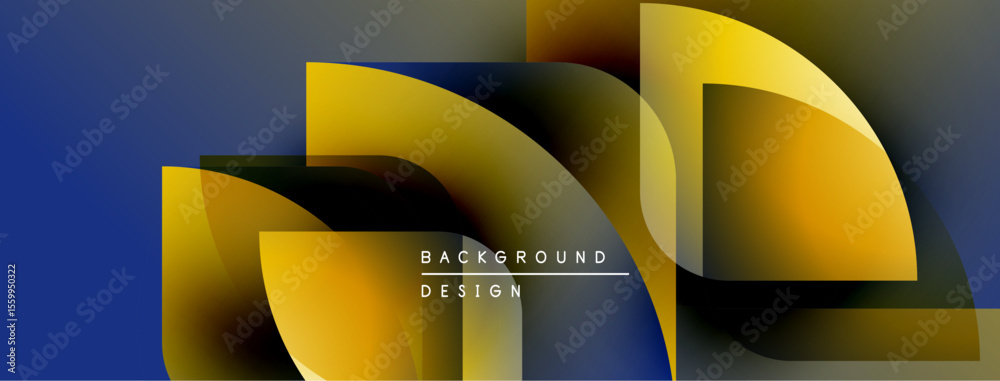 Poster abstract geometric shapes overlap, creating vibrant color gradients. design features gold, blue, pur