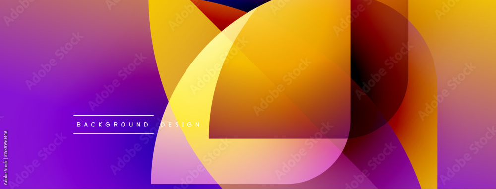 Poster Abstract colorful shapes overlap creating dynamic gradient background. Purple, orange, yellow hues dominate composition. Modern design element.