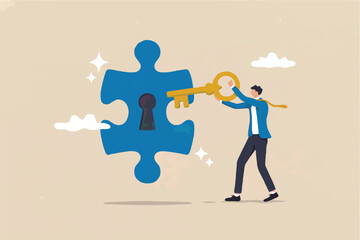 Man holding a key to a puzzle piece with a keyhole isolated on transparent background