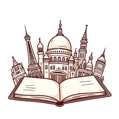 Naklejka premium Cartoon travel journal open with famous landmarks doodles. This whimsical travel journal features iconic buildings from around world. Perfect design for travel blogs and tourism websites.