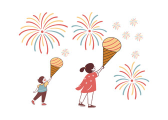 Festive Cartoon Characters Celebrating with Fireworks Illustration