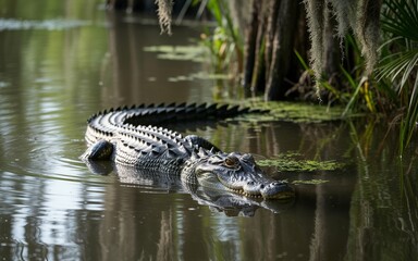 Obraz premium Alligator Glides Through Murky Water, Reflecting in the Calm Surface of the Swamp