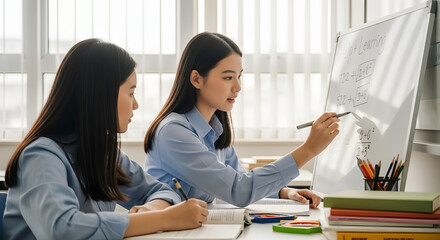 A female student explains a math problem on a whiteboard to another student in a classroom