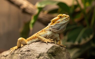 Fototapeta premium Detailed Close-Up of a Bearded Dragon Perched on a Rock, Looking Upward