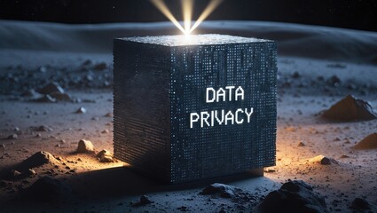 Futuristic data privacy concept with glowing cube emitting light in a dark space environment