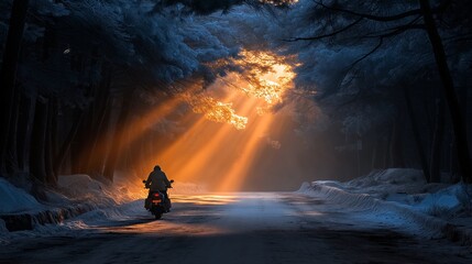 Solitary Motorcycle Ride in Snowy Forest: A lone motorcyclist rides towards a radiant sunset through a snow-covered forest road, the sun's rays piercing through the trees.