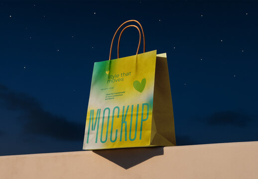 Paper Bag Mockup &ndash; Eco Shopping Tote with Twisted Handle under Night Sky Branding Scene