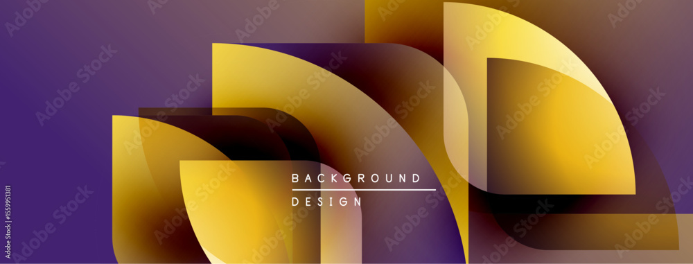 Poster Abstract geometric shapes overlap, creating dynamic golden, purple gradients. Modern design element for backgrounds, presentations.