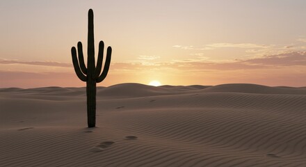 Desert Landscape with Cactus at Sunset in Serene Environment