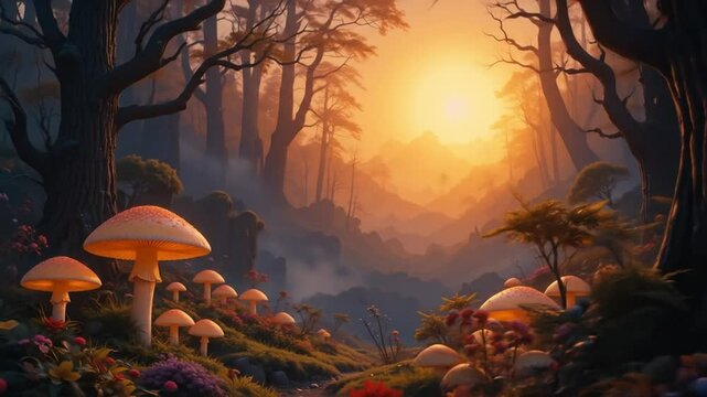 Glowing Mushrooms in Fantasy Forest at Sunset. 4k video