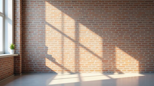 Minimalist beige room with soft shadows from windows and wooden floor, background for presentation or text
