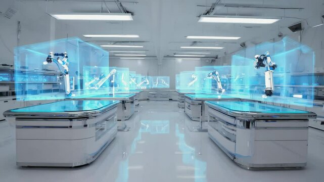 Futuristic Laboratory with Holographic Robotic Arms and Digital Interfaces