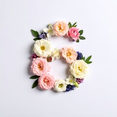 Number 6 made out of flowers with solid white background. Photo for sixth birthday or anniversary party
