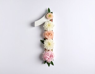Number 1 made out of flowers with solid white background. Photo for first birthday or anniversary party