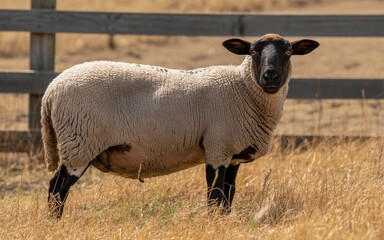 Obraz premium Suffolk Sheep Stares Intently in Golden Field with Wooden Fence Backdrop