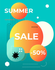 Bright summer sale poster with abstract geometric shapes, orange gradient circles, discount label, and turquoise background. Trendy vector design for promotions, ads, banners, and social media.