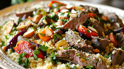 Delicious couscous dish with lamb, vegetables, herbs, and almonds awaits to be savored and enjoyed at your next meal.