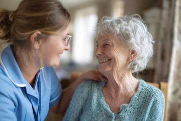 A woman in a blue shirt is smiling at an older woman