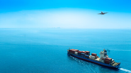 Aerial view of the freight shipping transport system cargo ship container. international...