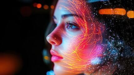 Futuristic woman with glowing network, symbolizing technology and connectivity