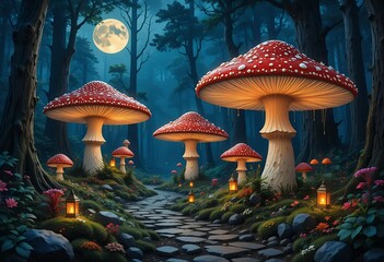 Enchanted forest path illuminated by glowing lanterns and towering red mushrooms under full
