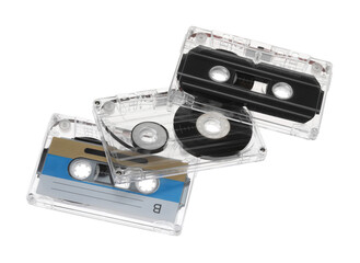 Audio cassettes with magnetic tapes isolated on white