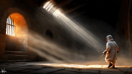 Fototapeta premium Illuminated Knight: A solitary knight, illuminated by a beam of sunlight, stands poised with his sword in a shadowed chamber. The scene evokes a sense of introspection and anticipation.
